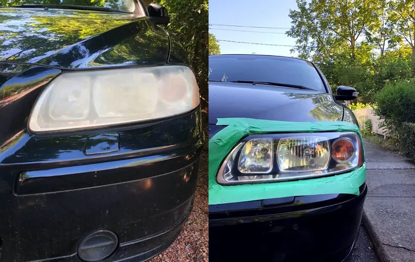 Before-and-after of a headlight restoration jjob at a Stealth tent